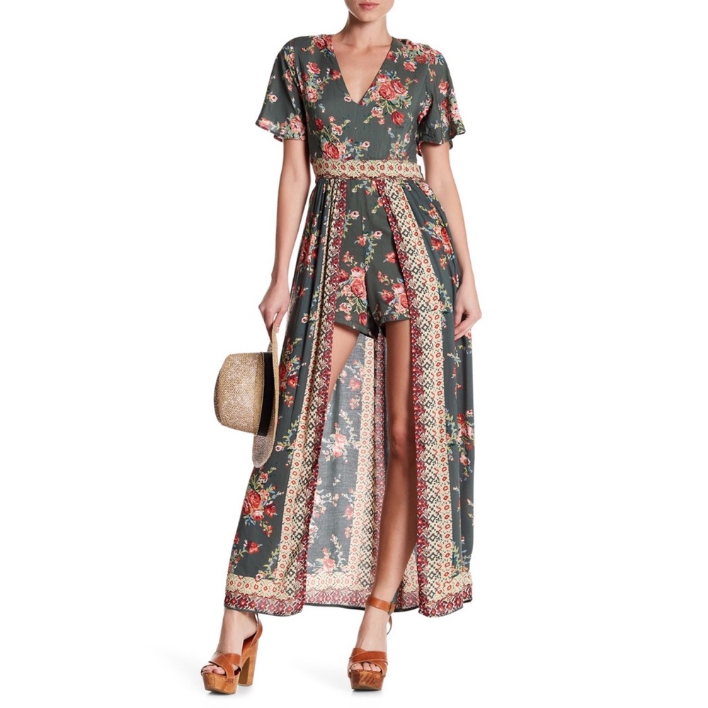 Angie Floral Print Maxi Romper, Olive
